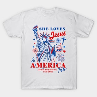 She Loves Jesus and America Shirt | Patriotic Christian Womens Design T-Shirt